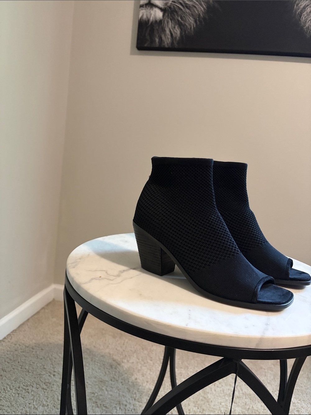 Eileen Fisher Black Knit Peep-Toe Ankle Booties with Block Heel